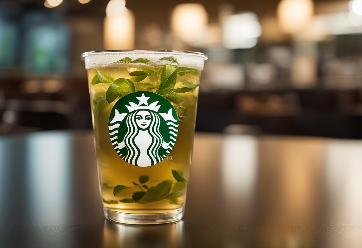 A glass of peach green tea sits on a table, with the Starbucks logo visible. Nutritional information is displayed next to it