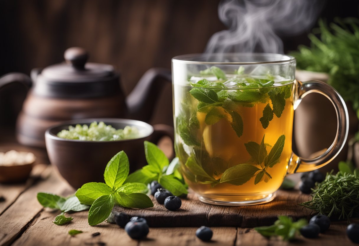 A steaming cup of Fit Tea Cleanse sits on a rustic wooden table, surrounded by fresh herbs and fruits, with a gentle wisp of steam rising from the mug