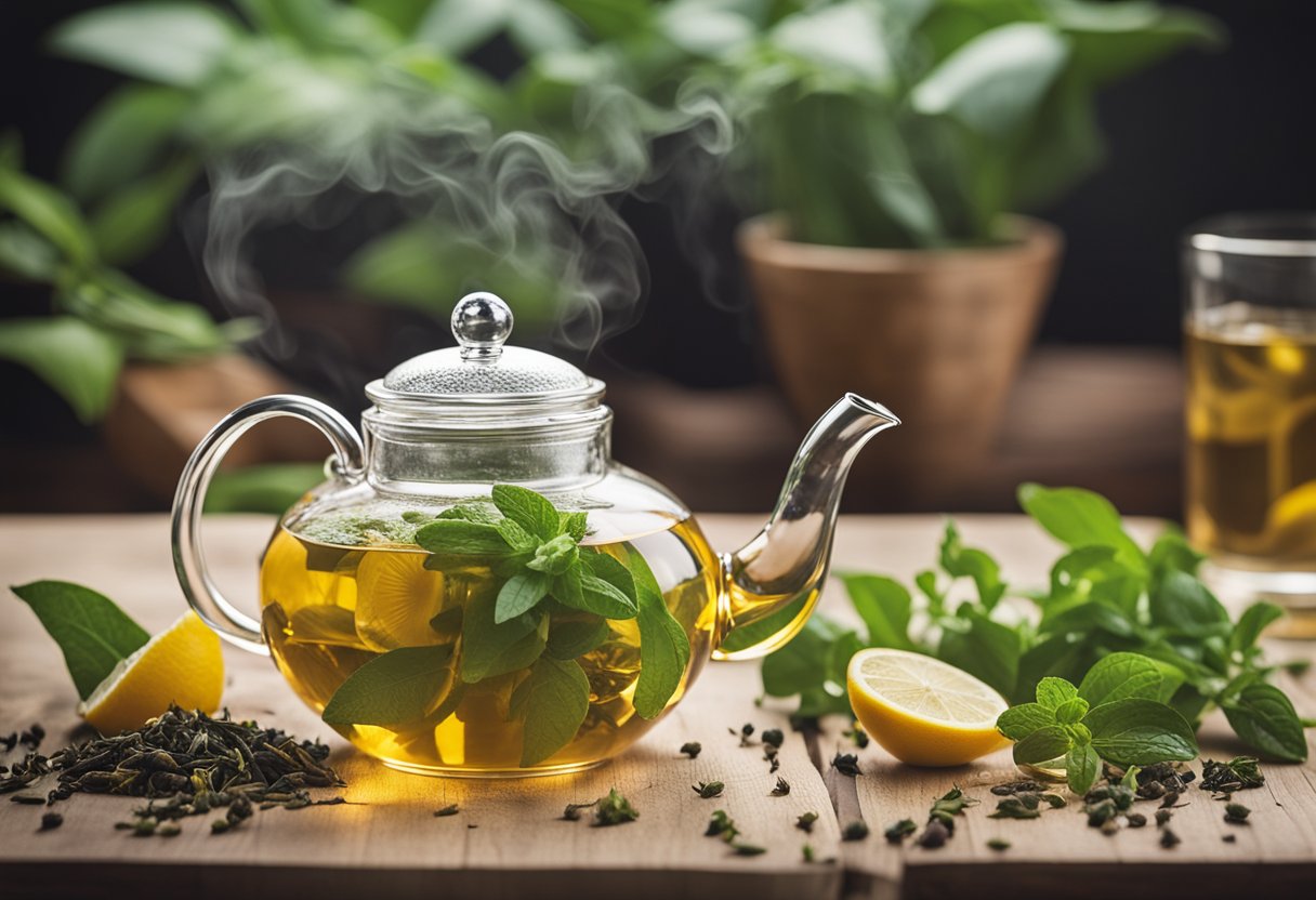 A glass teapot steams on a wooden table, surrounded by loose tea leaves, fresh herbs, and a lemon. A Fit Tea Cleanse box sits nearby