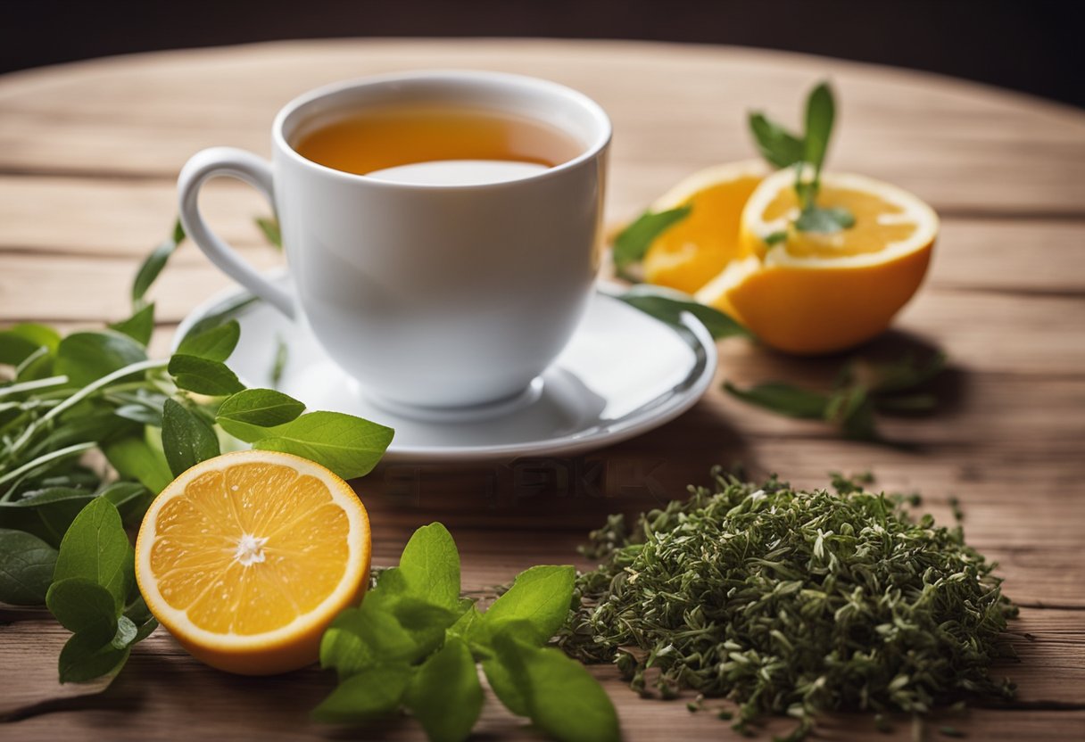 A cup of Fit Tea Cleanse sits on a wooden table, surrounded by fresh herbs and fruits. Steam rises from the tea, conveying a sense of warmth and relaxation