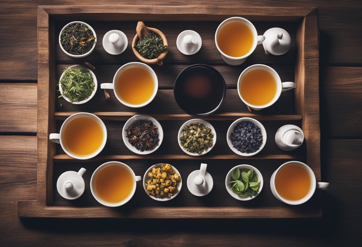 A variety of colorful herbal teas arranged on a wooden table with steam rising from the cups