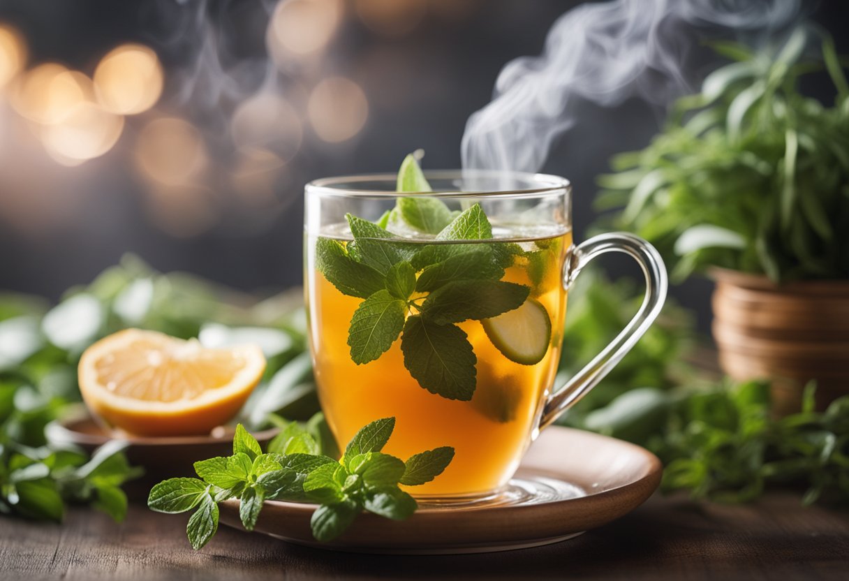 A steaming cup of detox tea surrounded by fresh herbs and fruits, with a gentle wisp of steam rising from the surface