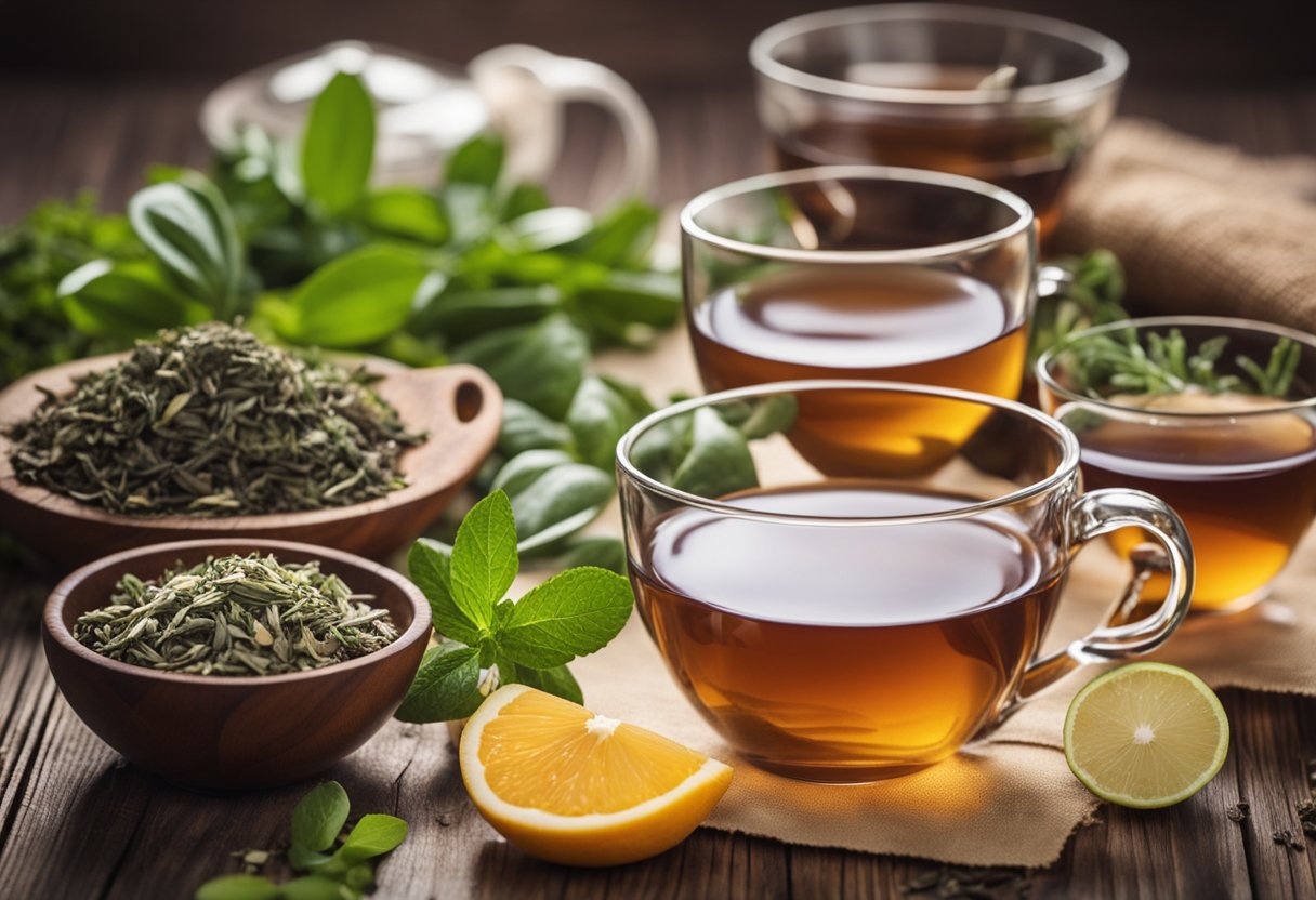 Various detox tea bags arranged on a wooden table with fresh herbs and fruits in the background