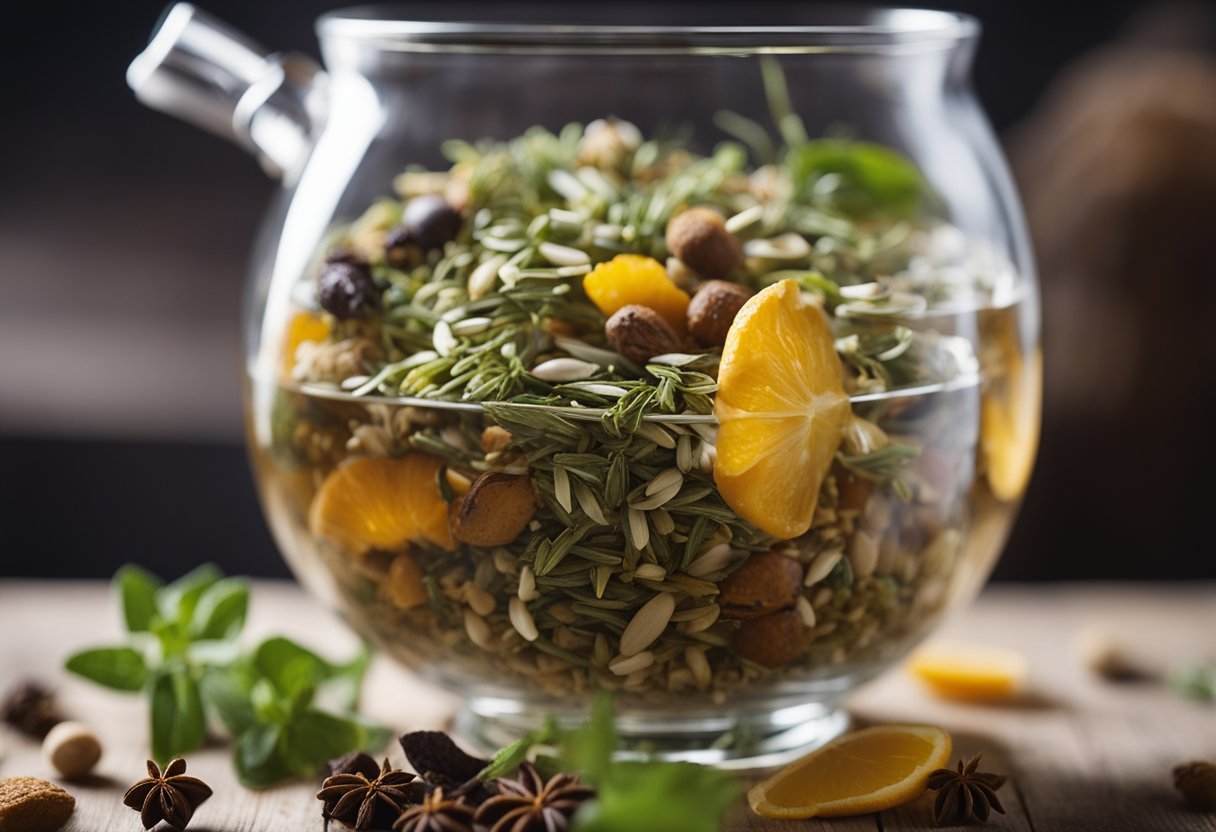 A variety of herbs and spices are being measured and mixed together to create detox teas