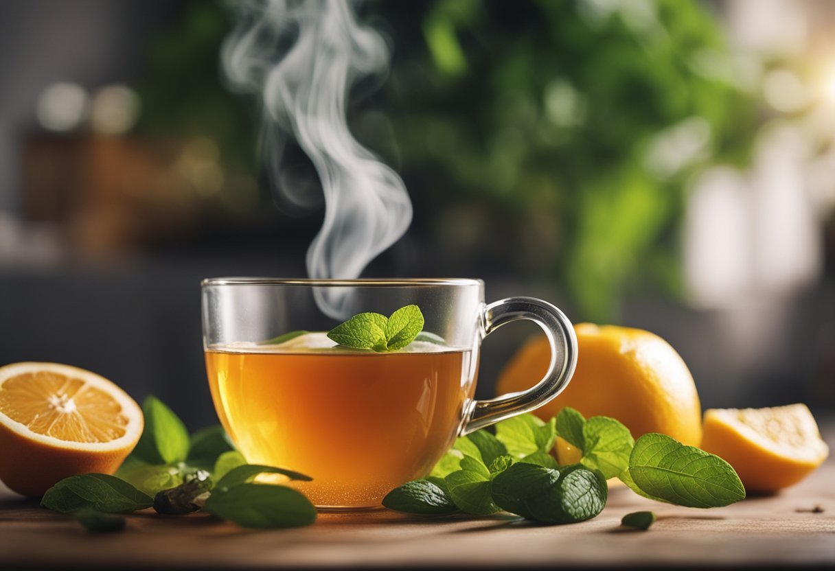 A steaming cup of detox tea surrounded by fresh fruits and herbs, with a radiant glow emanating from the cup