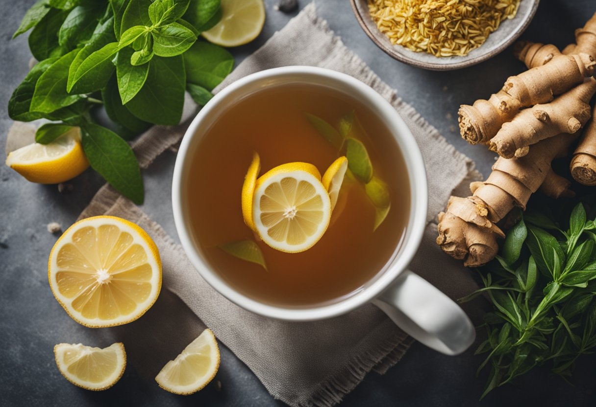 A steaming cup of detox tea surrounded by vibrant, fresh ingredients like ginger, lemon, and herbs. A sense of rejuvenation and wellness emanates from the scene