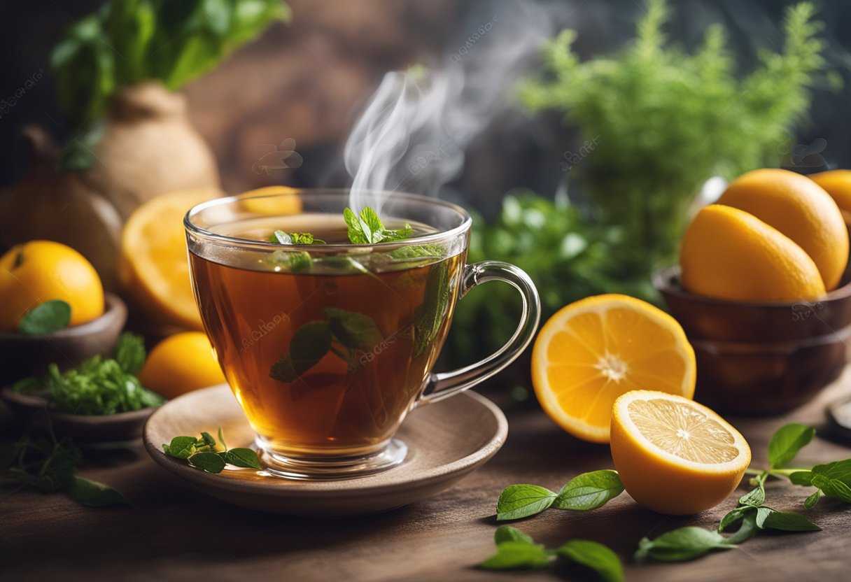 A steaming cup of detox tea surrounded by fresh herbs and fruits, with a radiant glow emanating from the cup