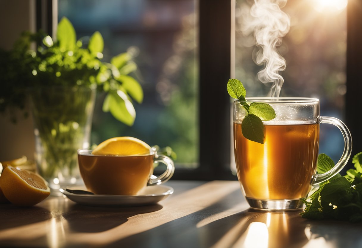 A steaming cup of detox tea sits next to a tall glass of water, surrounded by fresh fruits and herbs. Rays of sunlight filter through a window, highlighting the health benefits of hydration and cleansing