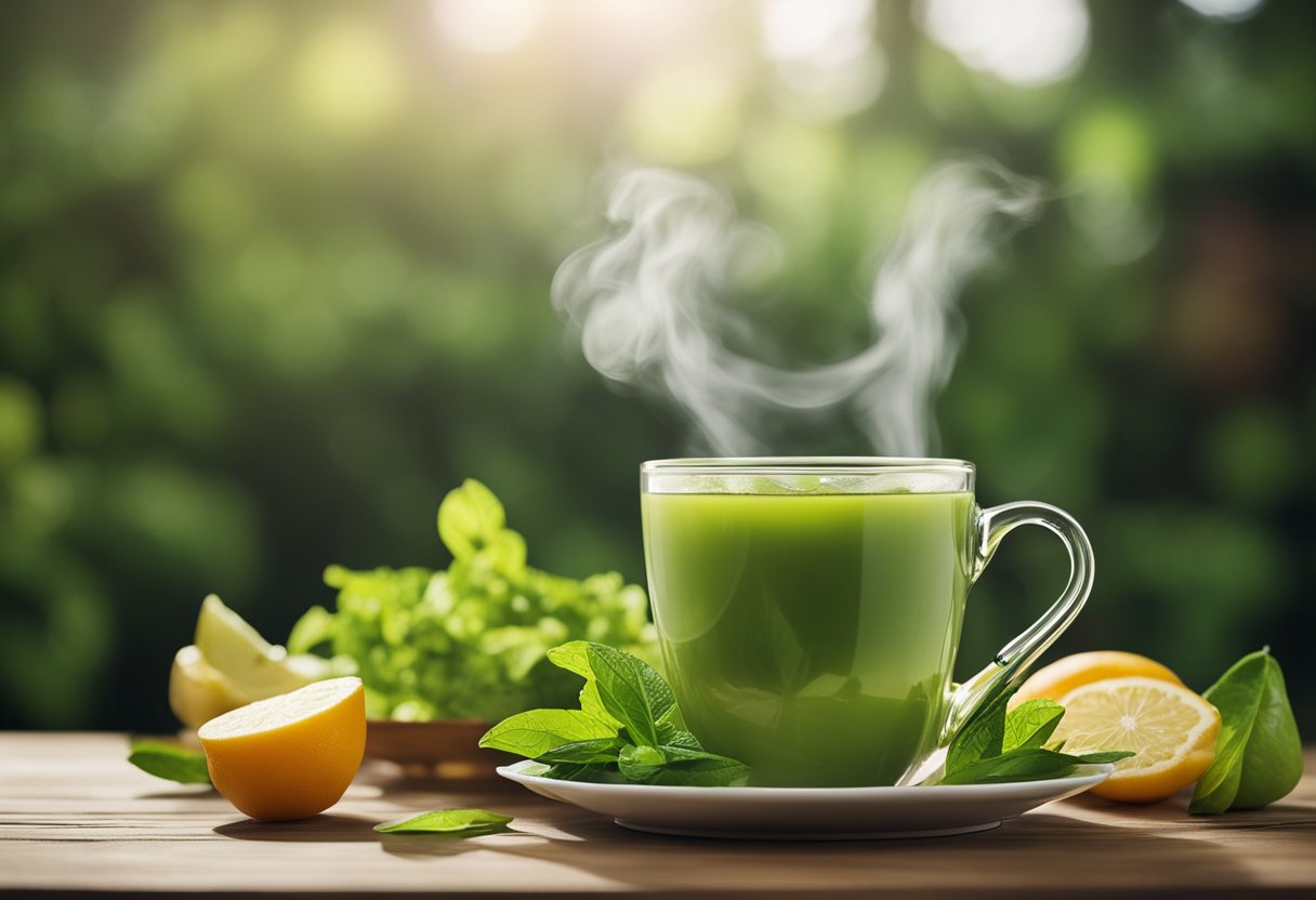 A steaming cup of green tea surrounded by fresh fruits and vegetables on a wooden table