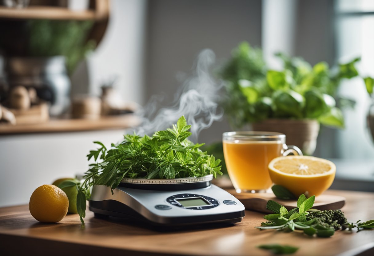 A steaming cup of tea sits on a scale, surrounded by fresh herbs and fruits. A tape measure and a pair of running shoes are placed nearby, symbolizing weight loss and healthy lifestyle