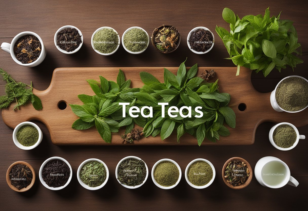 A variety of tea leaves and herbs arranged on a wooden table, with a steaming cup of tea in the center. Labels indicating "Top Teas for Weight Loss" are visible