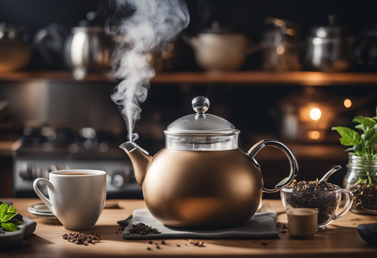 A steaming teapot sits on a cozy kitchen counter, surrounded by an assortment of loose leaf teas and a timer set for the perfect brew