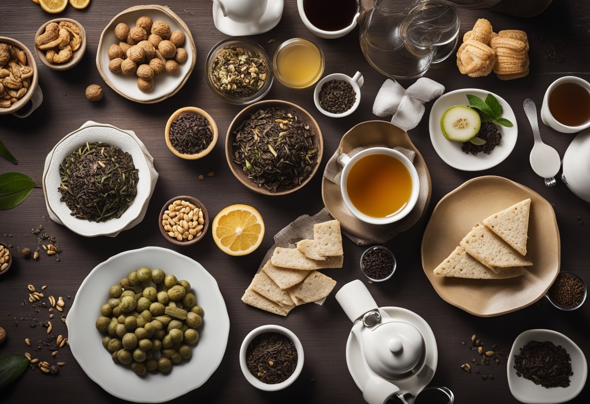 A table set with various types of tea, surrounded by healthy snacks and a scale, symbolizing lifestyle considerations for weight loss