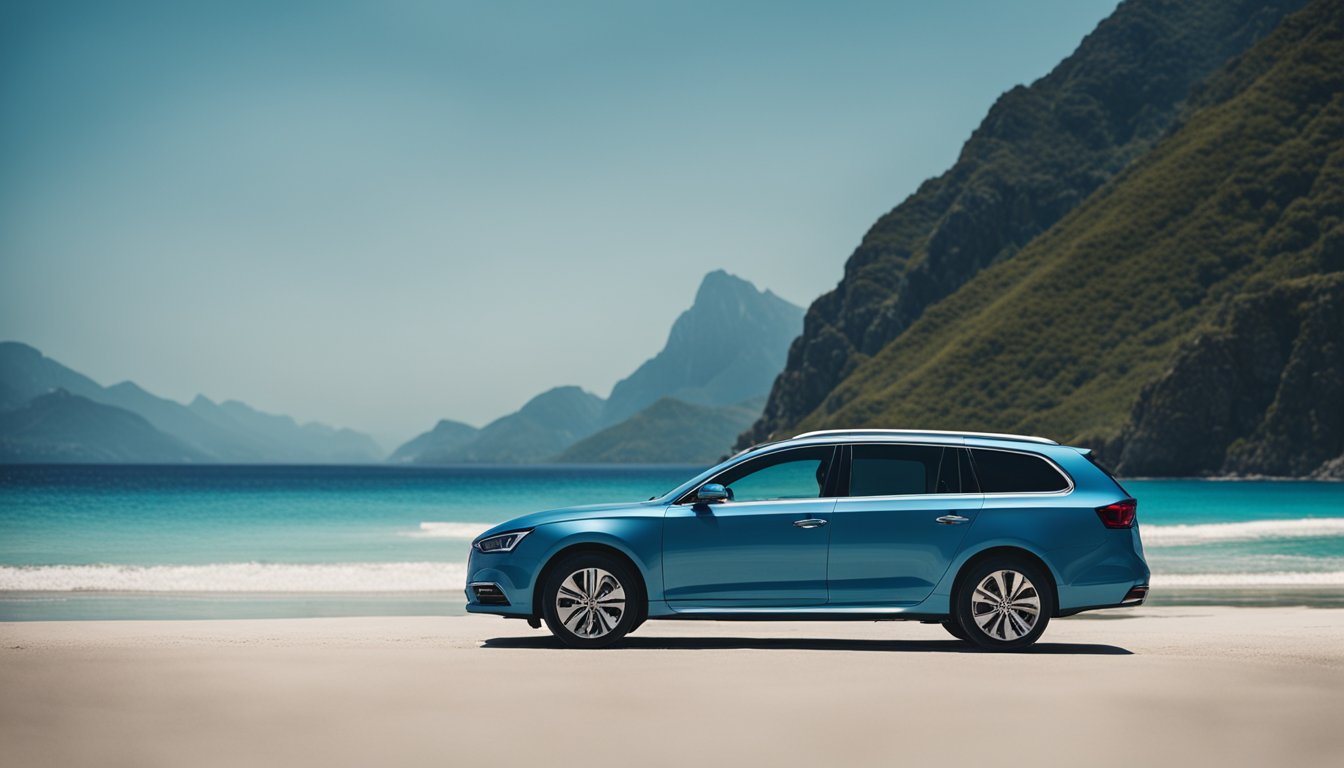 A rental car parked on a sandy beach with clear blue waters and a mountainous backdrop