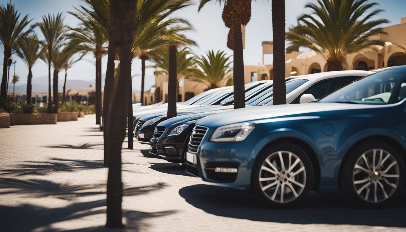 A row of rental cars lined up under the bright sun on the island of Fuerteventura, with palm trees swaying in the background