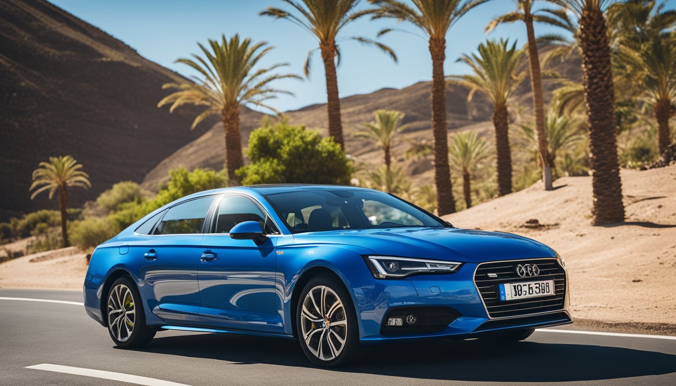 A rental car driving along a coastal road in Fuerteventura, with clear blue skies, palm trees, and the ocean in the background