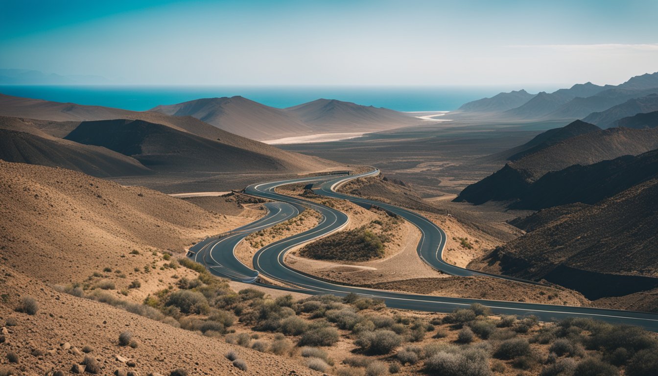 A winding road cuts through rugged mountains, leading to pristine beaches and turquoise waters on the island of Fuerteventura