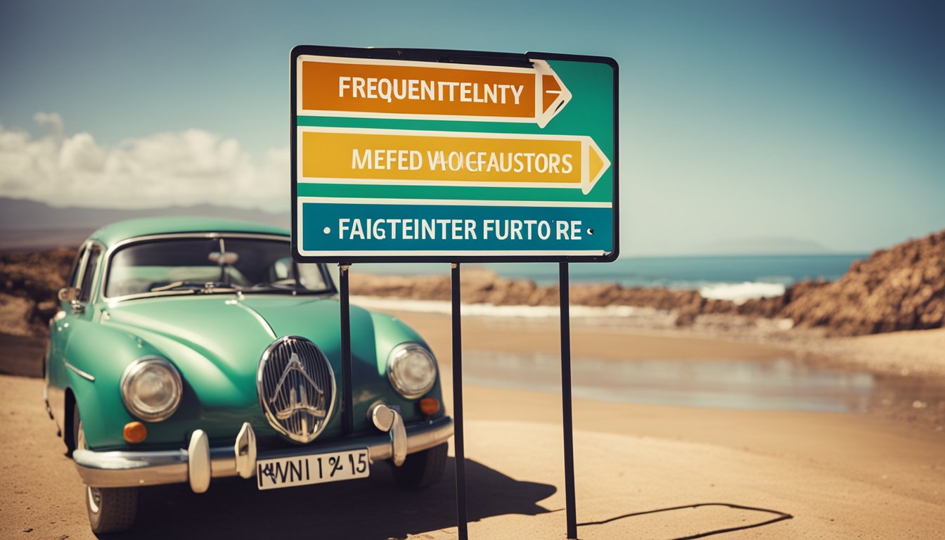 A colorful sign with "Frequently Asked Questions" and "mietwagen fuerteventura" displayed prominently