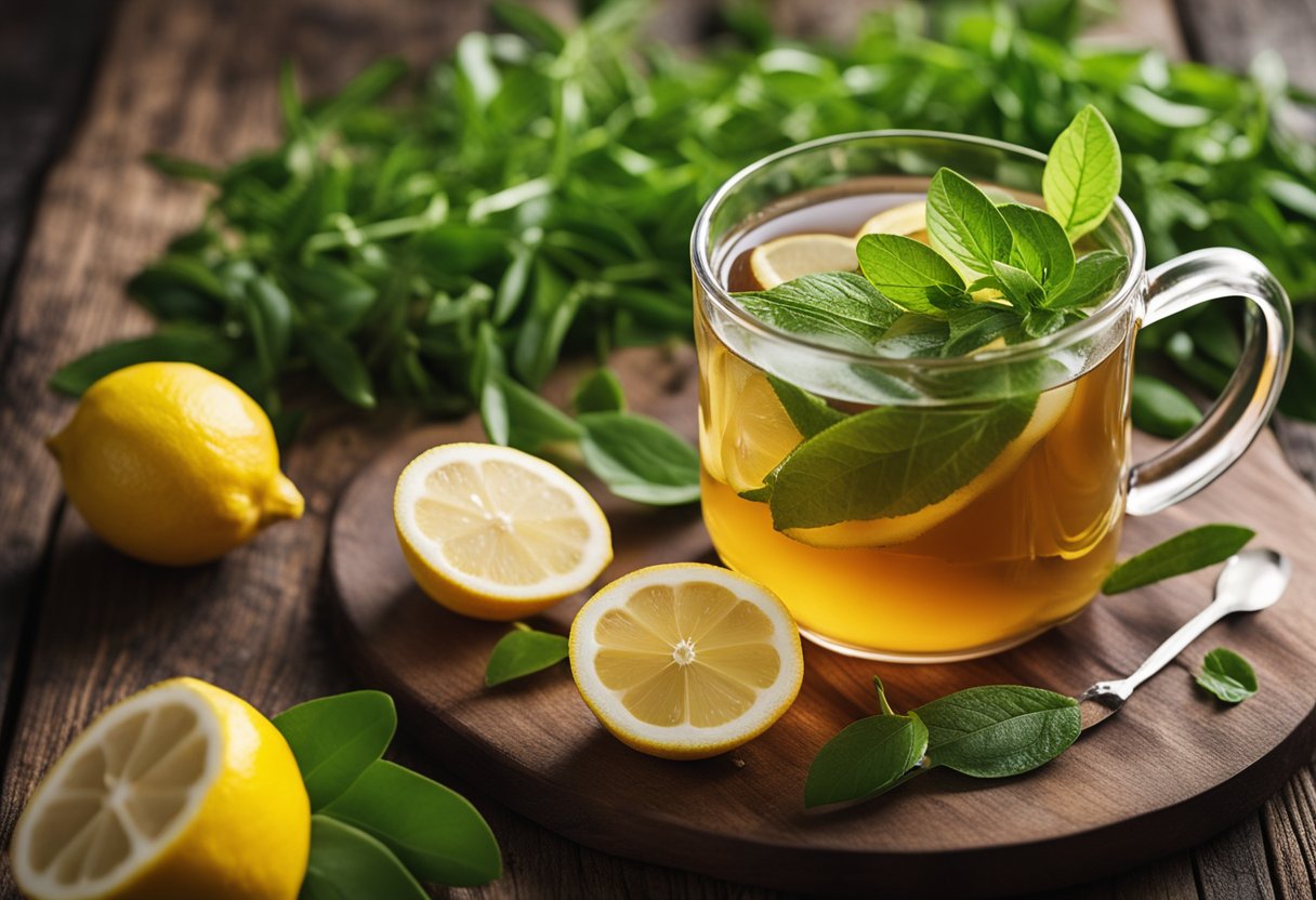 A steaming cup of detox tea surrounded by vibrant green herbs and fresh lemon slices on a wooden table