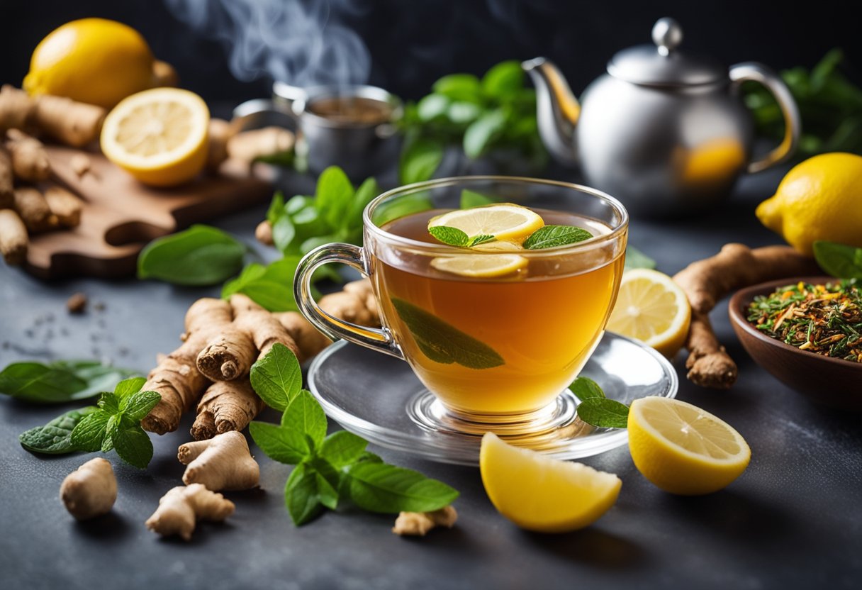 A steaming cup of detox tea surrounded by vibrant, fresh ingredients like ginger, lemon, and herbs. A sense of rejuvenation and wellness emanates from the scene