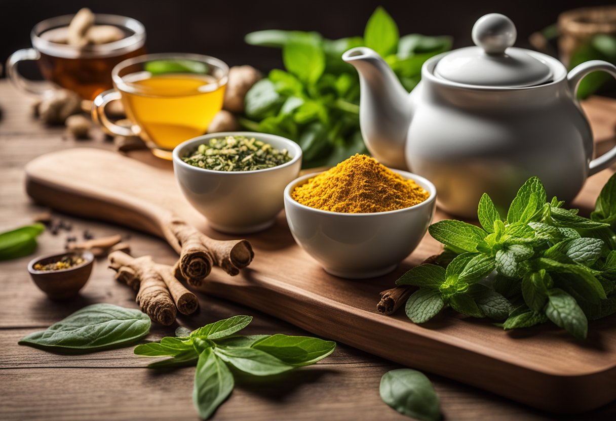 A variety of fresh herbs and spices are arranged on a wooden cutting board, including ginger, turmeric, mint, and lemongrass. A teapot and tea cups are nearby, ready to brew the detox tea