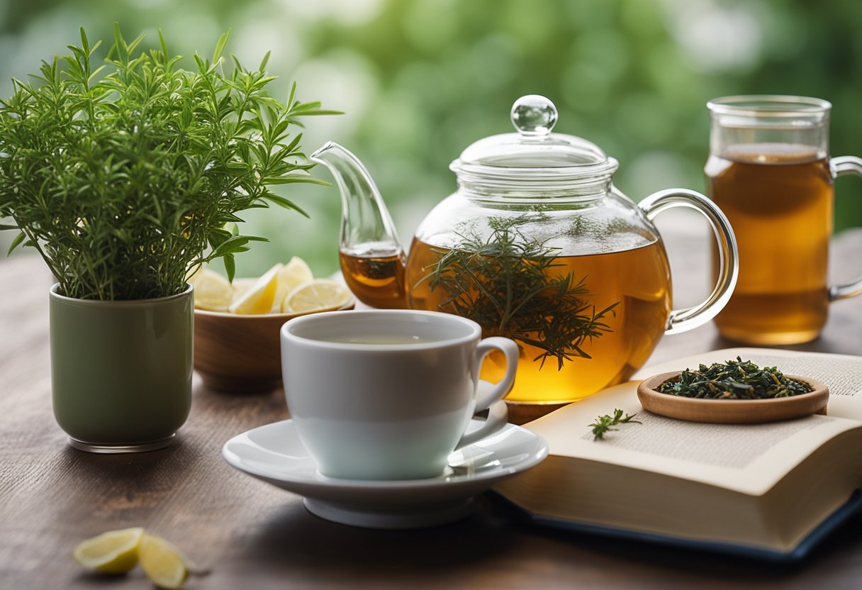 A table with a teapot, loose tea, and various herbs. A steaming cup sits beside a book titled "Detox Tea Recipes."