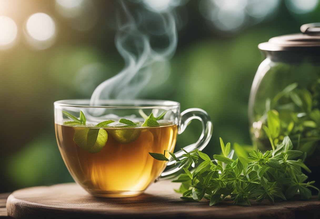 A steaming cup of slim tea sits on a rustic wooden table, surrounded by fresh herbs and a delicate teapot