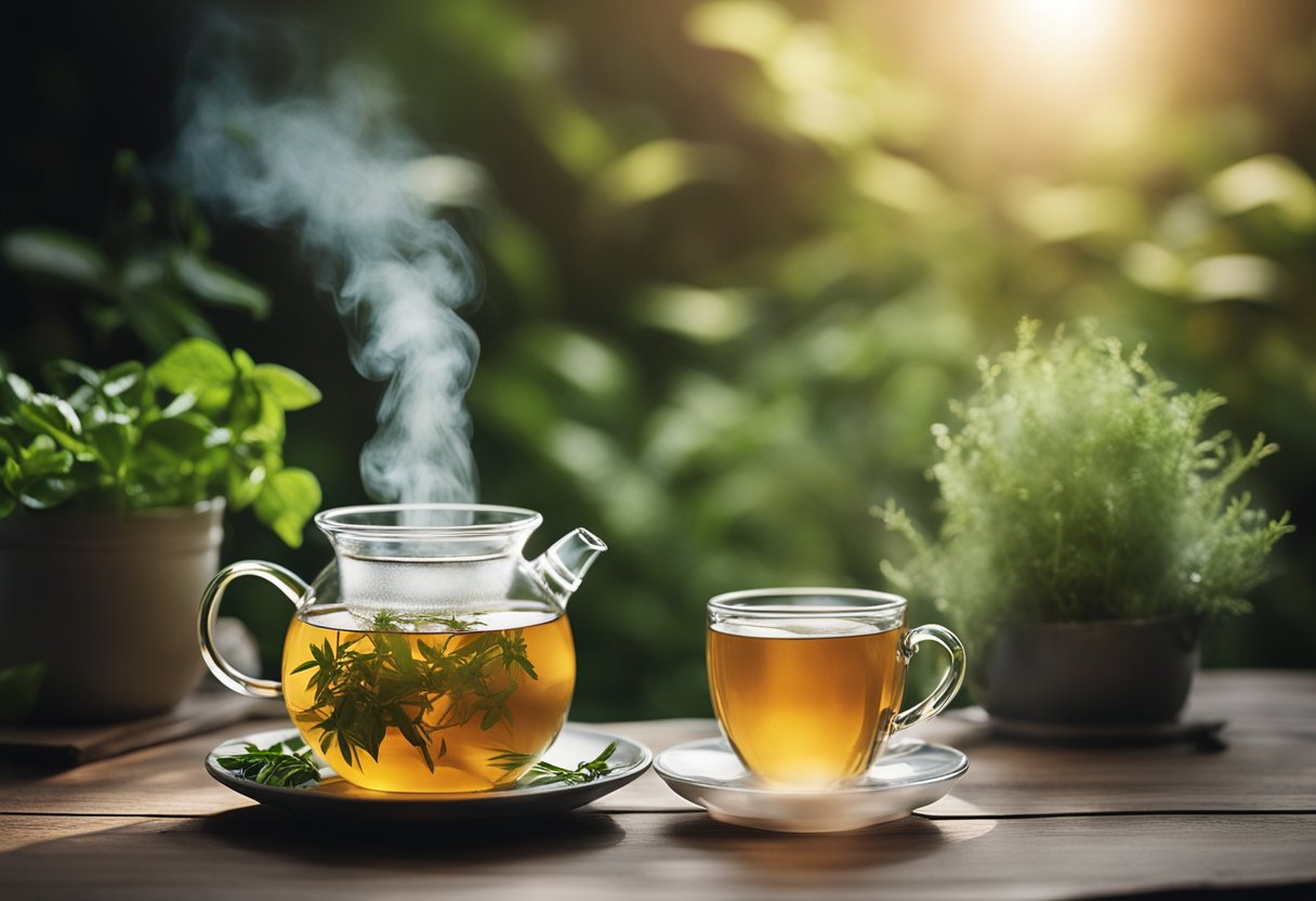 A steaming cup of slim tea sits on a wooden table, surrounded by fresh herbs and a teapot. The steam rises gracefully from the cup, creating a tranquil and inviting scene