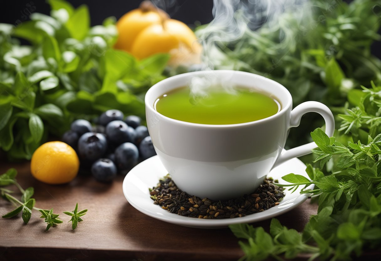 A steaming cup of slim tea surrounded by fresh herbs and fruits