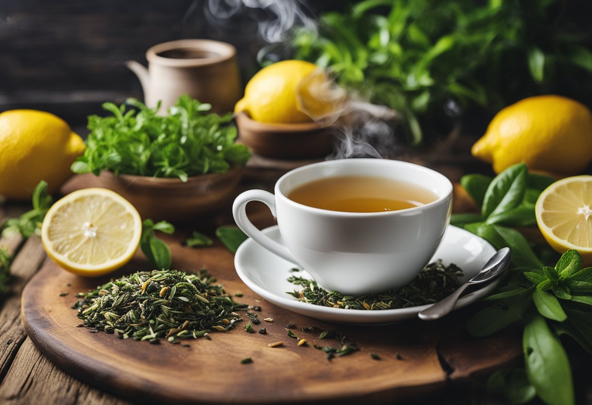 A steaming cup of weight loss tea sits on a wooden table, surrounded by fresh herbs and a slice of lemon