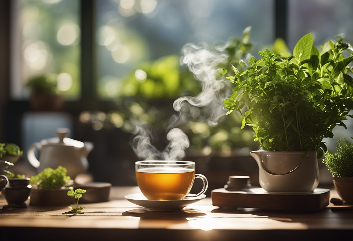 A steaming cup of weight loss tea sits on a wooden table, surrounded by fresh herbs and a scale. Sunlight streams through a nearby window, casting a warm glow over the scene