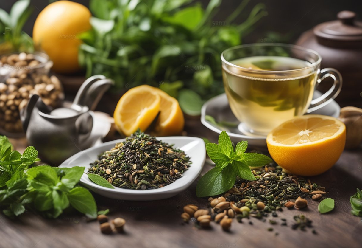 A steaming cup of weight loss tea surrounded by fresh herbs and fruits, with a scale in the background