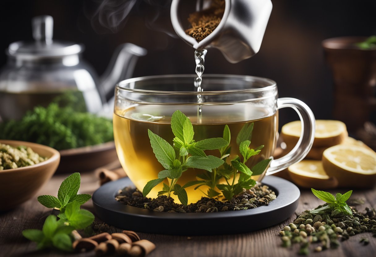 A hand pours herbs into a teapot, steam rising. Ingredients sit nearby: ginger, cinnamon, and green tea. A scale measures precise amounts