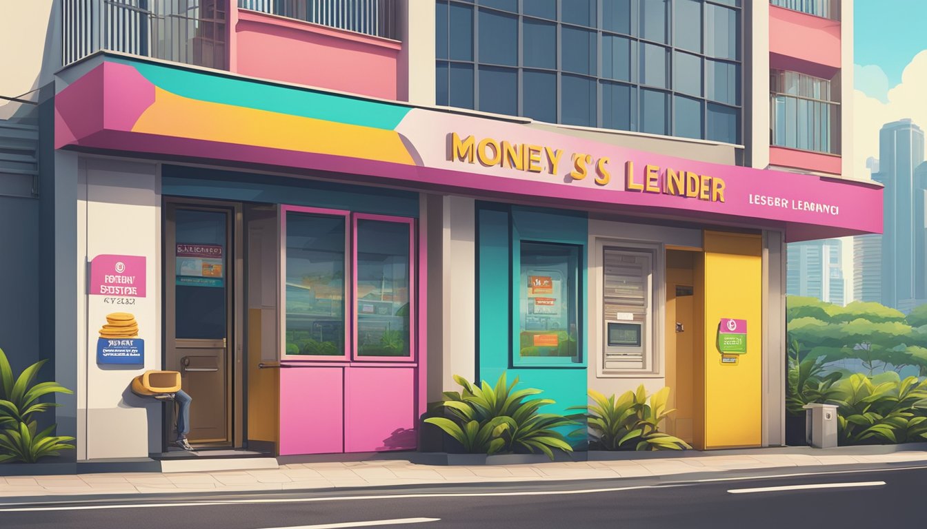 A money lender's sign stands tall against the backdrop of Tuas Crescent, Singapore. The bright colors and bold lettering catch the eye of passersby
