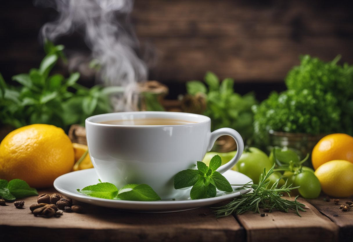 A steaming cup of fat losing tea surrounded by fresh herbs and fruits on a rustic wooden table