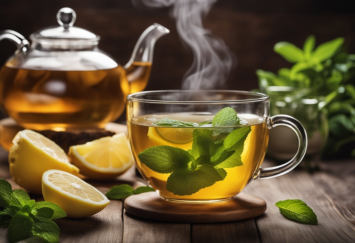 A steaming cup of fat losing tea sits on a table, surrounded by fresh ingredients like ginger, lemon, and mint. The tea is brewing in a clear glass teapot, releasing a fragrant aroma