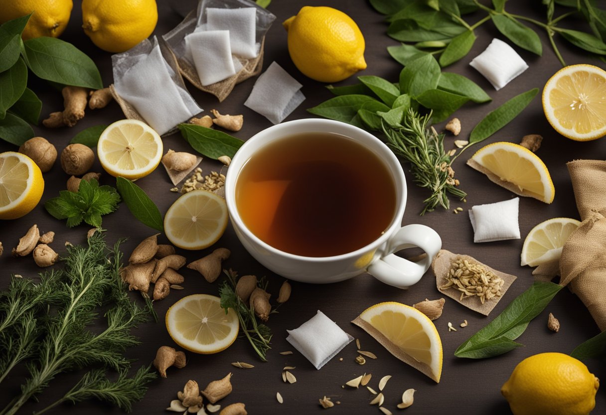 A table with various herbal tea bags, steam rising, surrounded by fresh ingredients like lemon and ginger