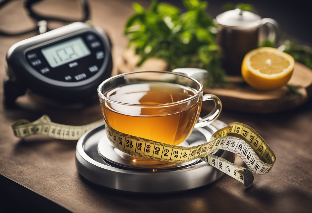 A steaming cup of detox tea sits next to a measuring tape and a scale, symbolizing weight loss