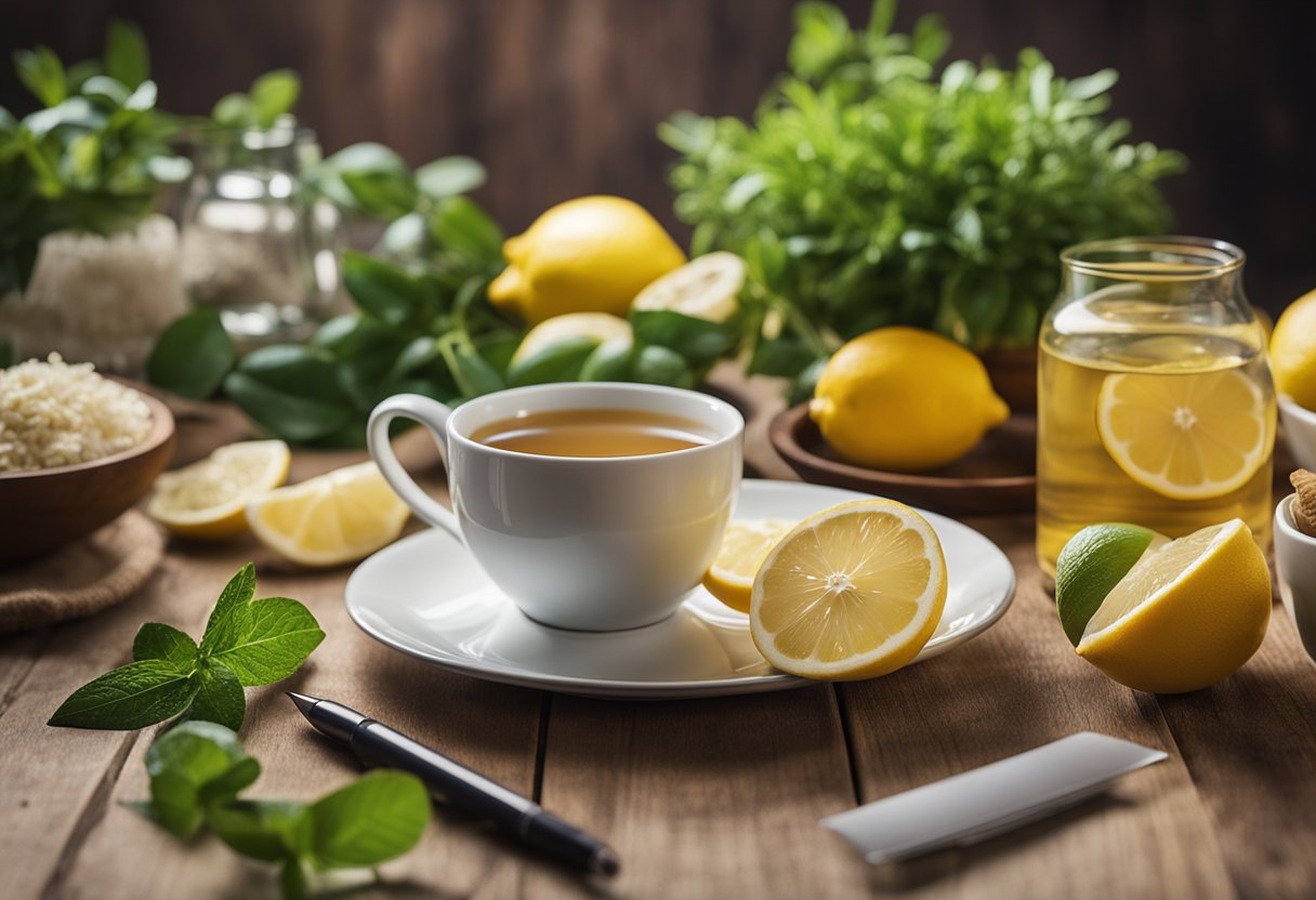 A table with a cup of detox tea, surrounded by fresh ingredients like lemons, ginger, and herbs. A journal and pen sit nearby for writing a review