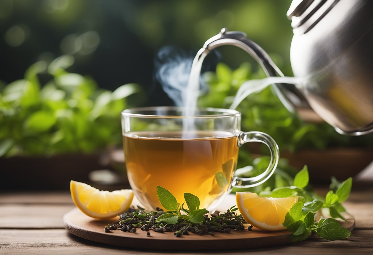 A cup of detox tea sits on a wooden table, surrounded by fresh herbs and a steaming kettle. A gentle aroma wafts through the air, creating a sense of calm and rejuvenation