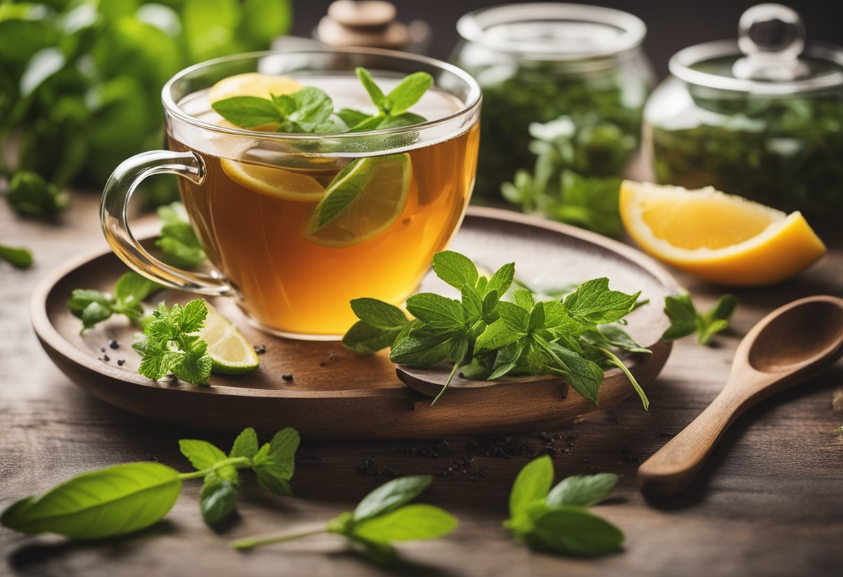 A steaming cup of detox tea surrounded by fresh herbs and fruits, with a tape measure nearby