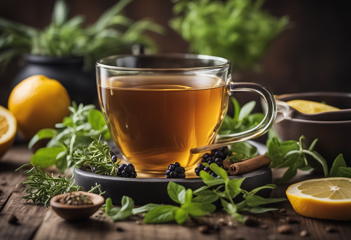 A steaming cup of detox tea surrounded by fresh herbs and fruits, with a tape measure and scale in the background