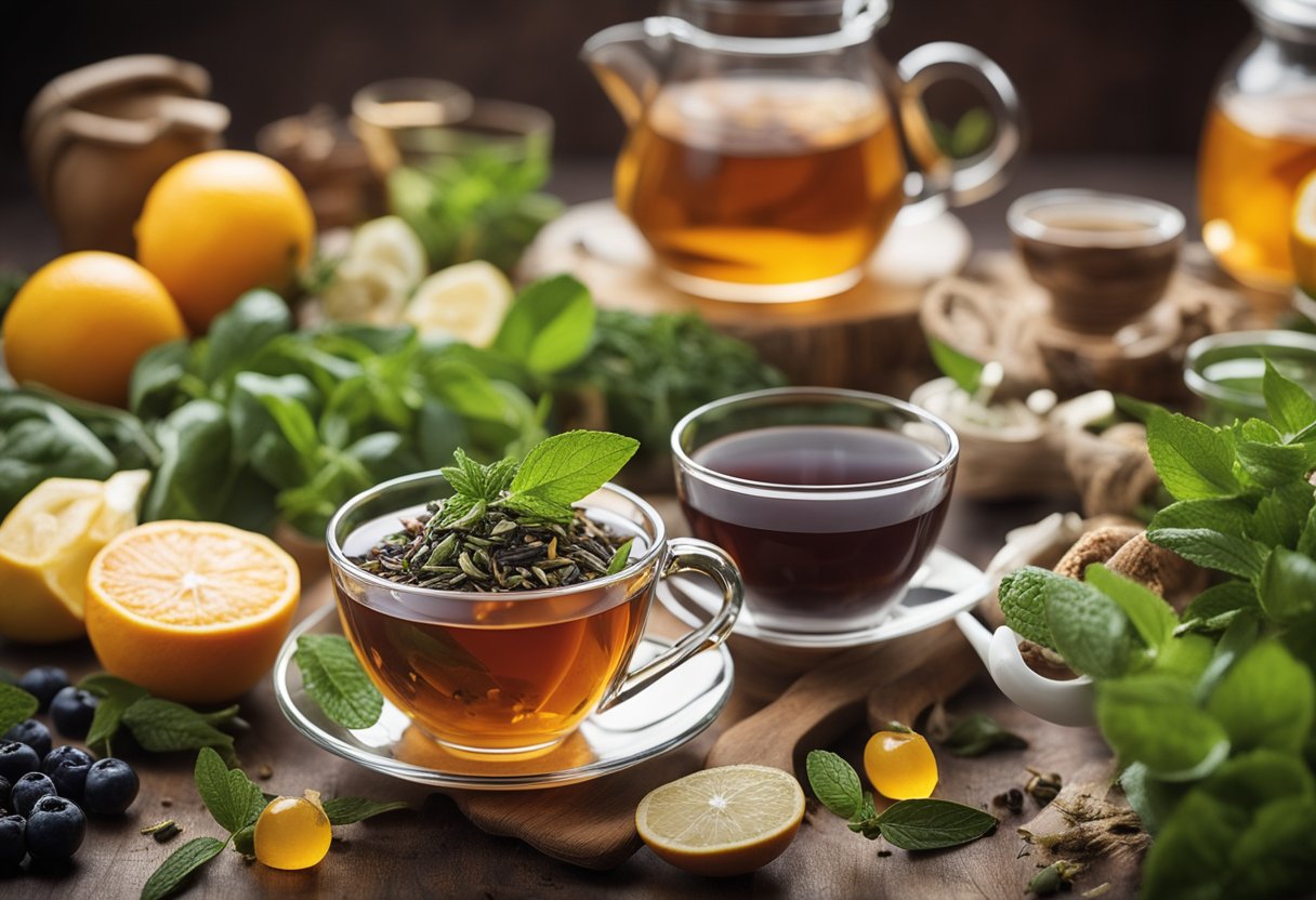 A steaming cup of detox tea surrounded by various herbs and fruits, with a label highlighting its health benefits and claims