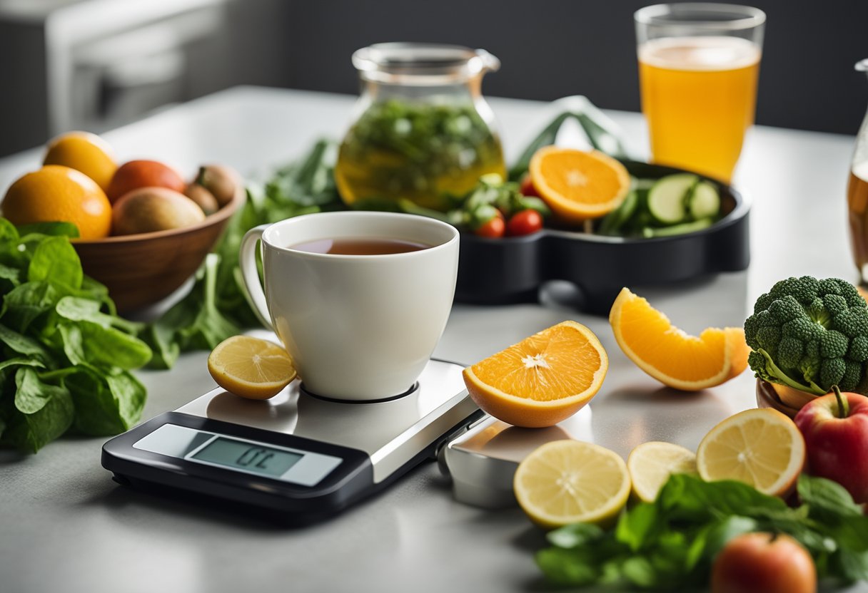 A steaming cup of detox tea next to a scale, surrounded by fresh fruits and vegetables, with a tape measure wrapped around the scale