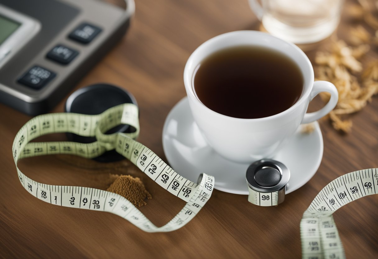 A steaming cup of detox tea sits next to a scale and measuring tape, symbolizing weight loss and health. Safety warnings and side effect information are displayed prominently