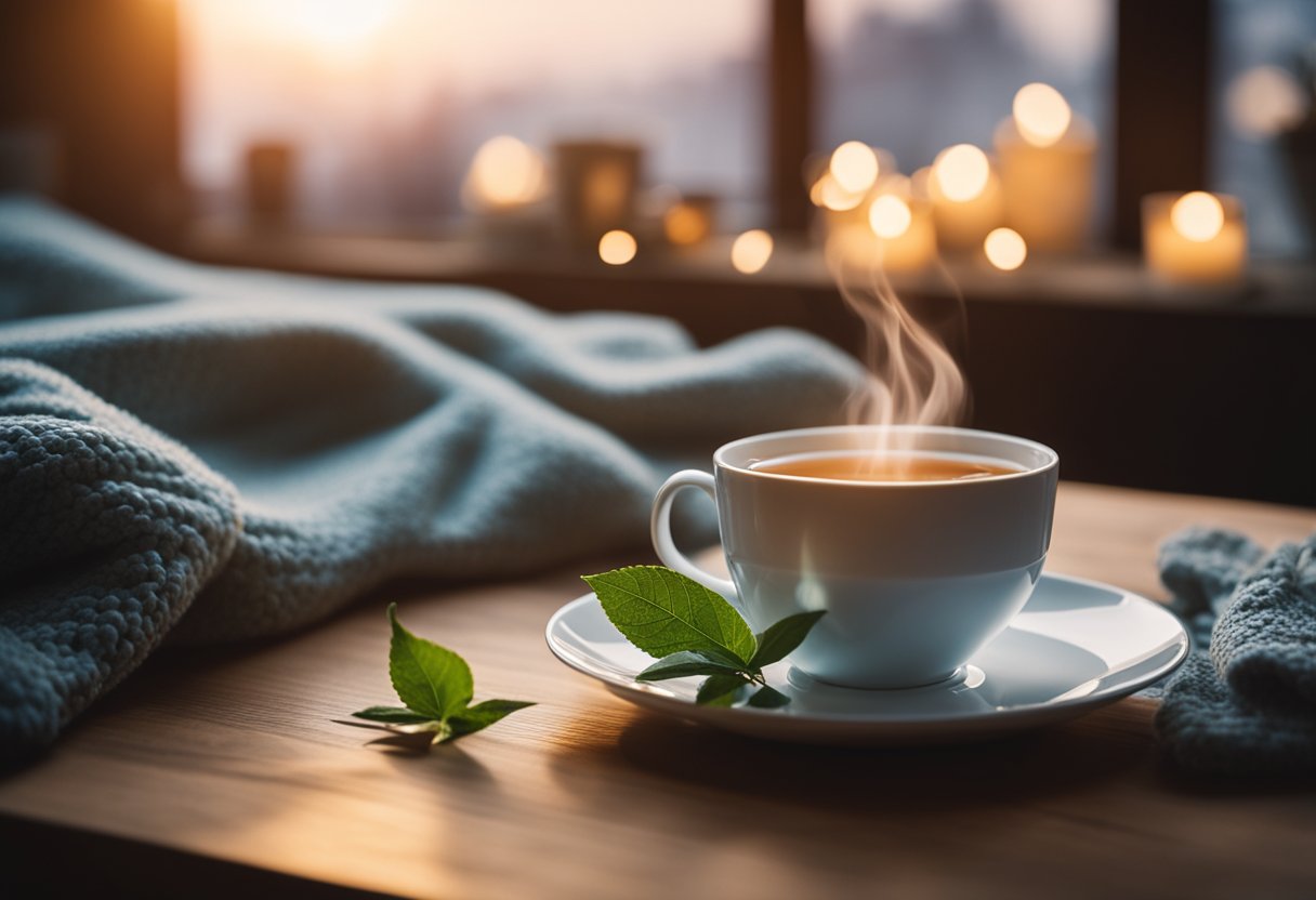 A steaming cup of night detox tea sits on a wooden table, surrounded by calming candles and a cozy blanket