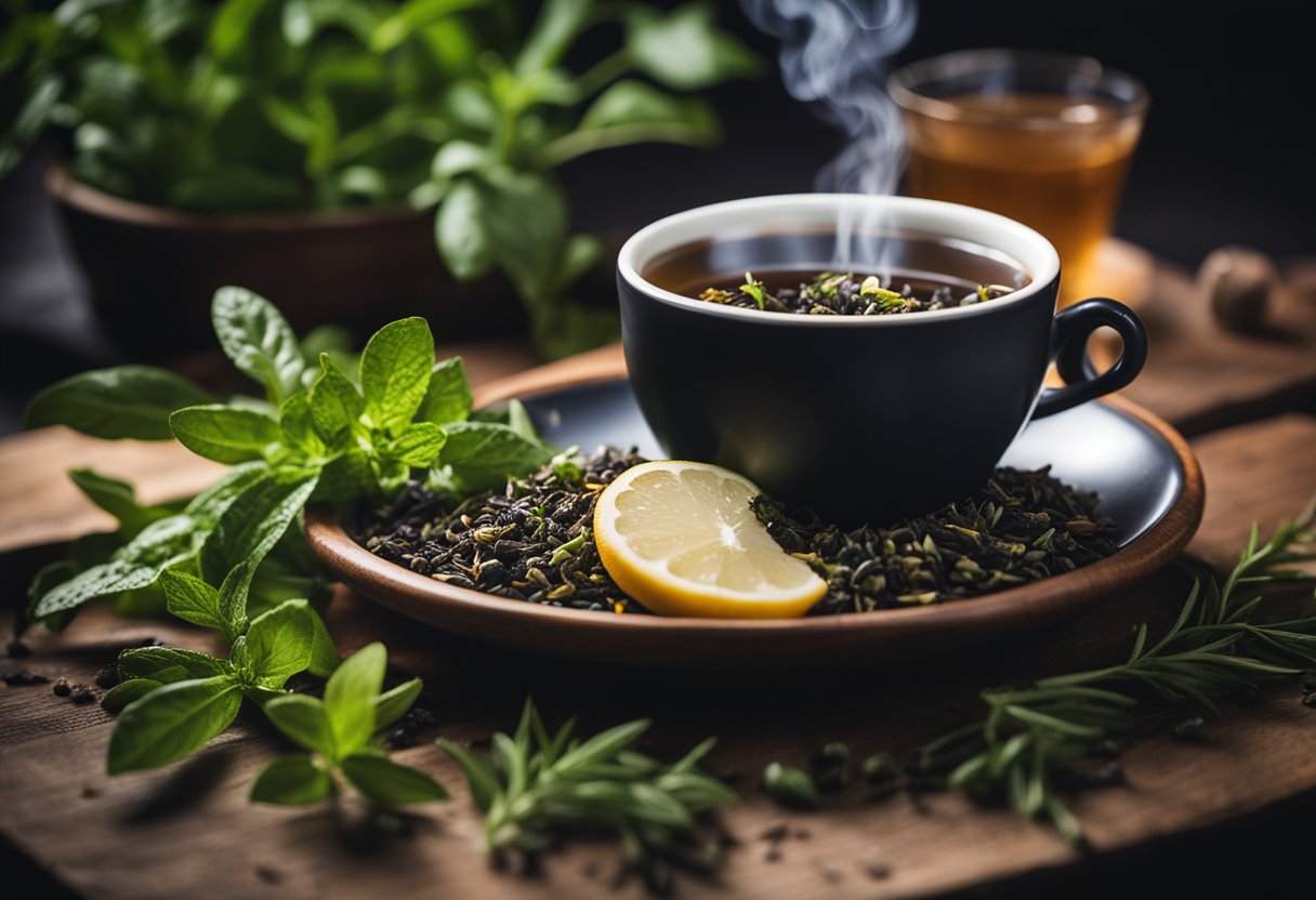 A steaming cup of night detox tea sits on a wooden table, surrounded by fresh herbs and a calming, dark background