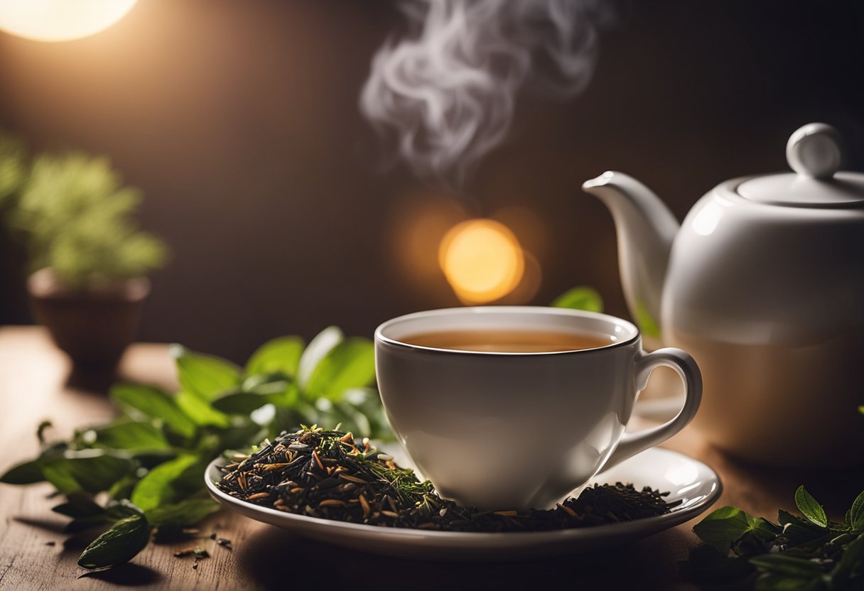 A steaming cup of night detox tea surrounded by calming herbs and ingredients, with a gentle glow emanating from the cup