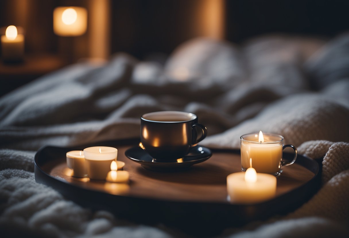 A steaming cup of night detox tea sits on a bedside table, surrounded by calming candles and a cozy blanket, creating a peaceful nighttime ritual