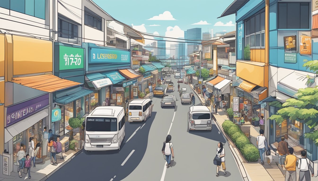 A bustling street near Tuas Crescent, with a prominent sign for a licensed money lender. Bright, modern storefronts line the road, and people come and go, indicating a busy and thriving area